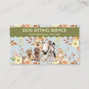 Carte De Visite Vert Bleu Fleurs de printemps Aquarelle Chiens