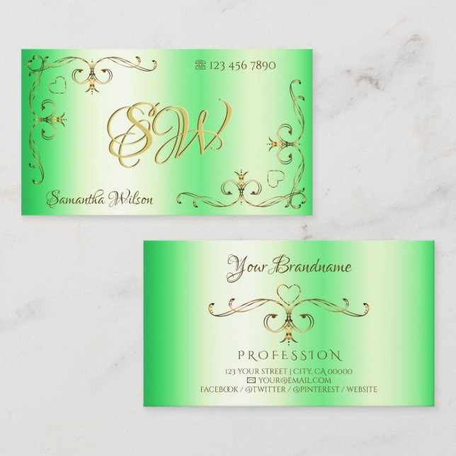 Carte De Visite Vert chatoyant avec Gold Ornate Corners Initiales (Devant / Derrière)