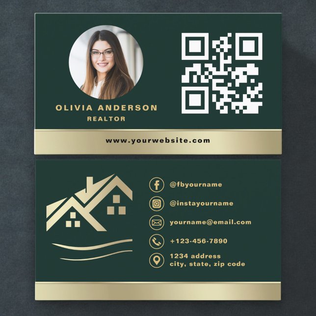 Carte de visite Vert Émeraude QR Code Maison Or Im (Créateur téléchargé)