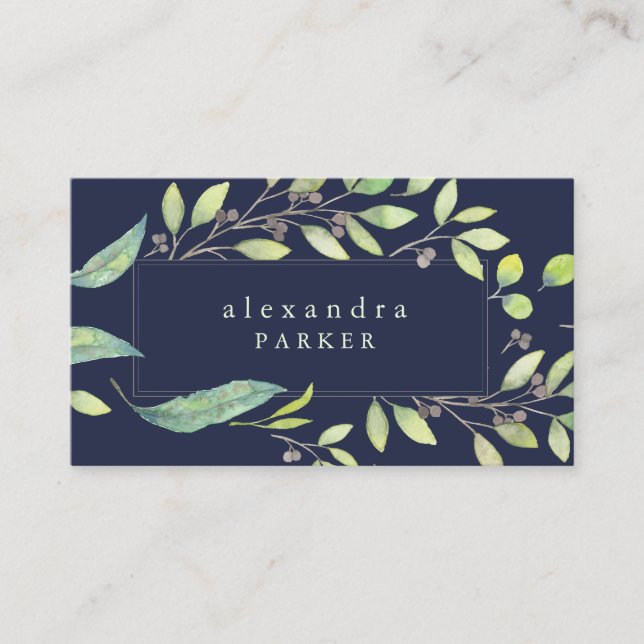 Carte De Visite Vert feuilles | Aquarelle tendance sur Midnight Bl (Devant)