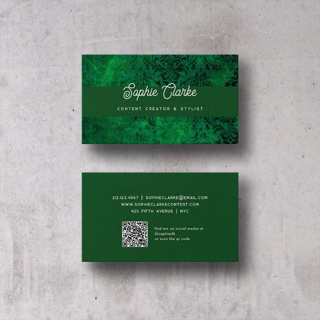 Carte De Visite Vert moderne | Script élégant avec code QR (Créateur téléchargé)