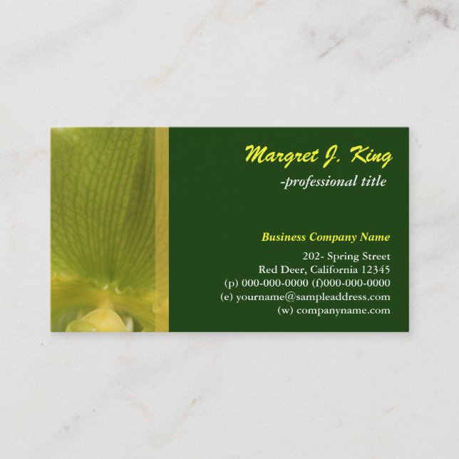 Carte de visite vert pétale fleur orchidée. (Devant)
