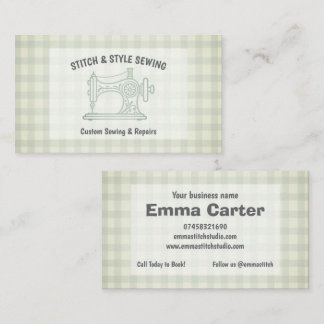 Carte De Visite Vert sauge gingham machine à coudre couturière