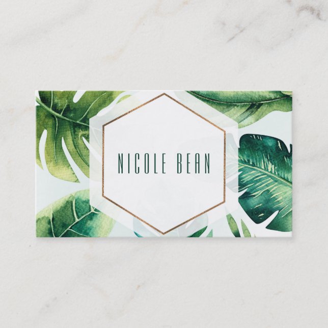 Carte De Visite Vert Tropical Feuille Blanc Élégant Chic Personnal (Devant)