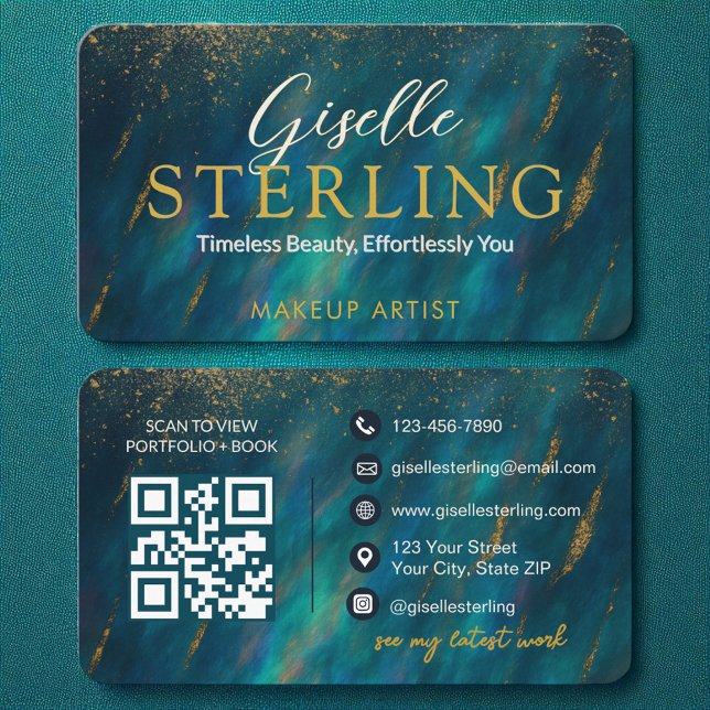 Carte De Visite Verte Opal Glam Script en pierre Code QR moderne (Créateur téléchargé)