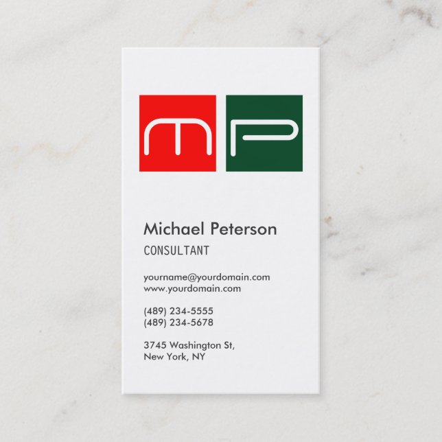 Carte de visite Vertical Blanc Rouge Vert Monogram (Devant)