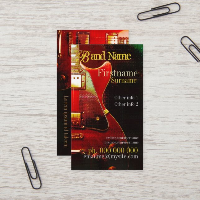 CARTE DE VISITE vertical GUITAR "GrungeRed" (Devant/Arrière en situation)