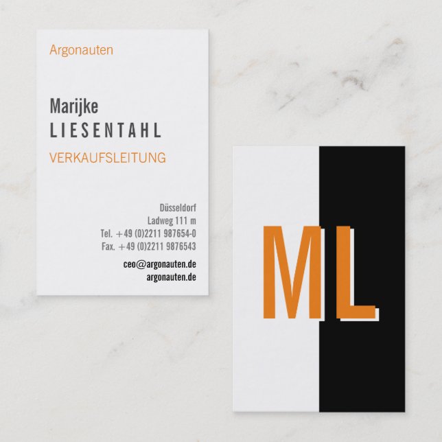 Carte de visite verticale monogramme blanc orange (Devant / Derrière)