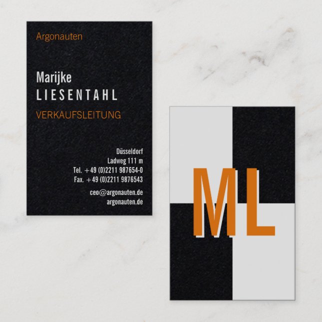 Carte de visite verticale monogramme blanc orange (Devant / Derrière)