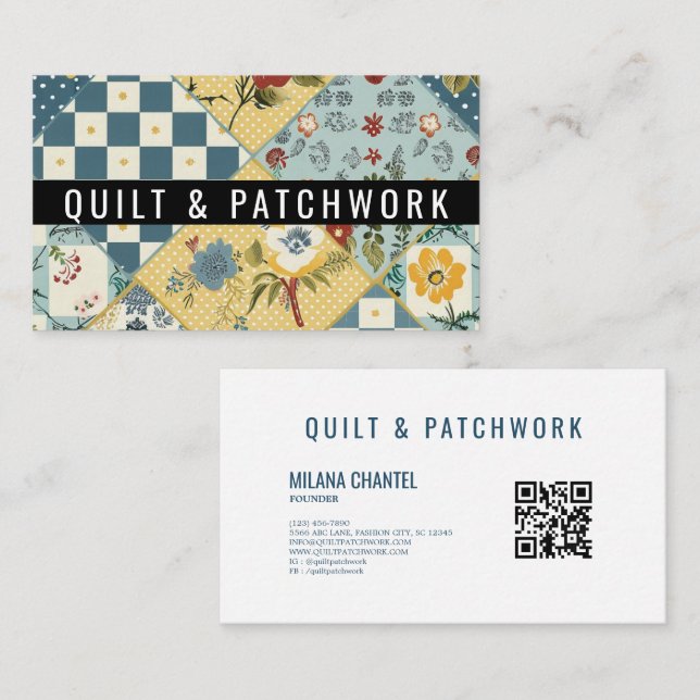 Carte De Visite Vêtement fait main en patchwork bleu jaune  (Devant / Derrière)