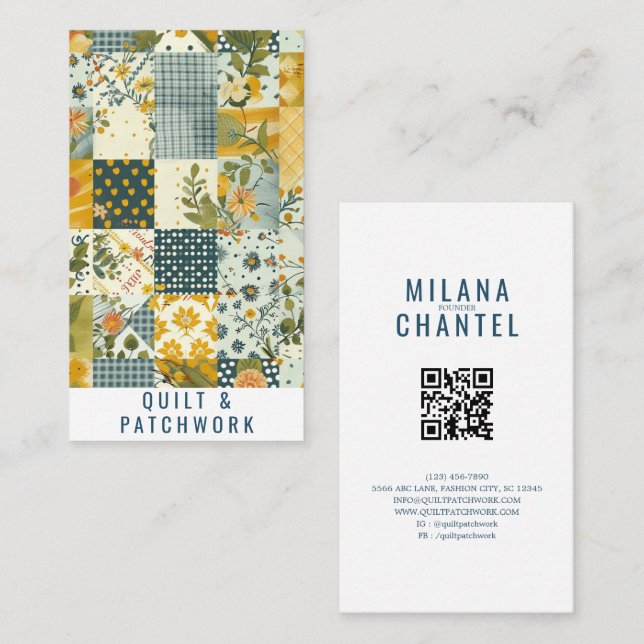 Carte De Visite Vêtement fait main en patchwork bleu jaune  (Devant / Derrière)
