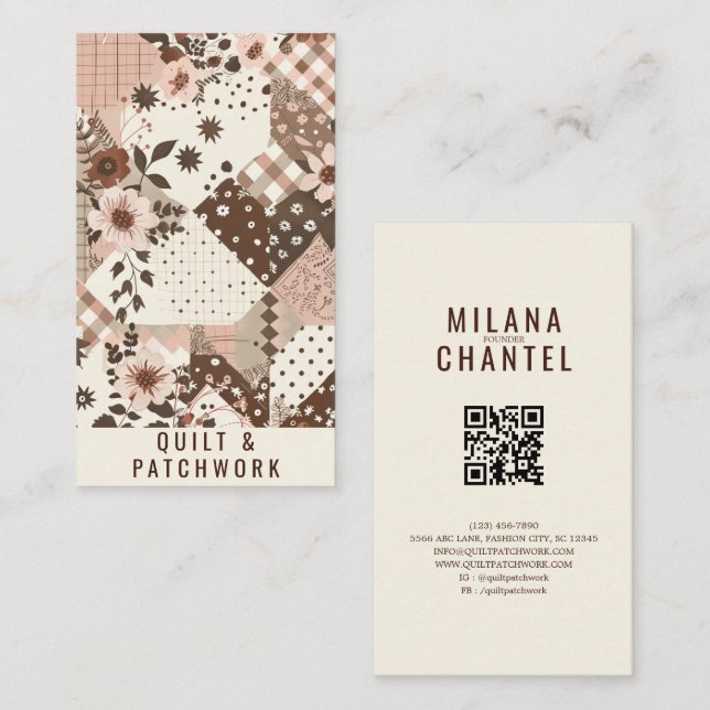 Carte De Visite Vêtements faits main en patchwork marron rose (Devant / Derrière)
