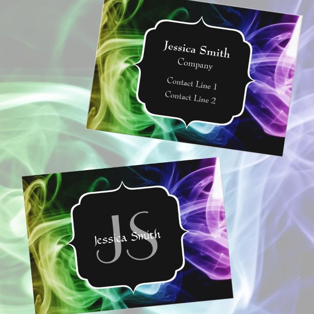 Carte De Visite Vibrant bleu bleu violet Abstrait Monogramme de fu (Vibrant Green Blue Purple Abstract Smoke Monogram Business Card)