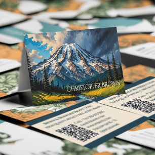 Carte De Visite Vibrant Mont Rainier Paysage Nuages Arbres QR