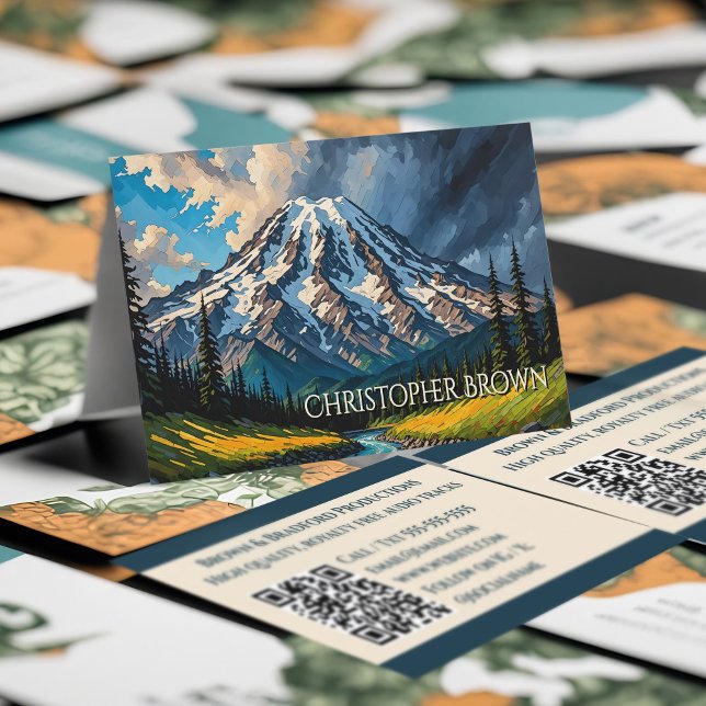 Carte De Visite Vibrant Mont Rainier Paysage Nuages Arbres QR (Mount Rainier business cards, beautiful Pacific Northwest mountain landscape of Washington state.)