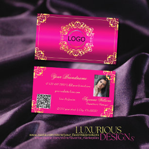 Carte De Visite Vibrant Pink Gold Ornate logo photo et QR code