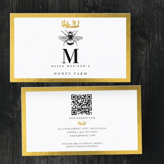 Carte De Visite Vintage Bee Gold Honey Queen QR Code (Vintage Bee Gold Honey Queen QR Code Business Card)