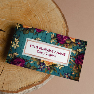 Carte De Visite Vintage bleu vert bois corail bordeaux floral