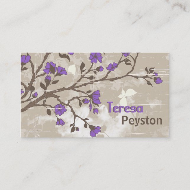 Carte De Visite Vintage fleurs violettes grunge floral taupe (Devant)
