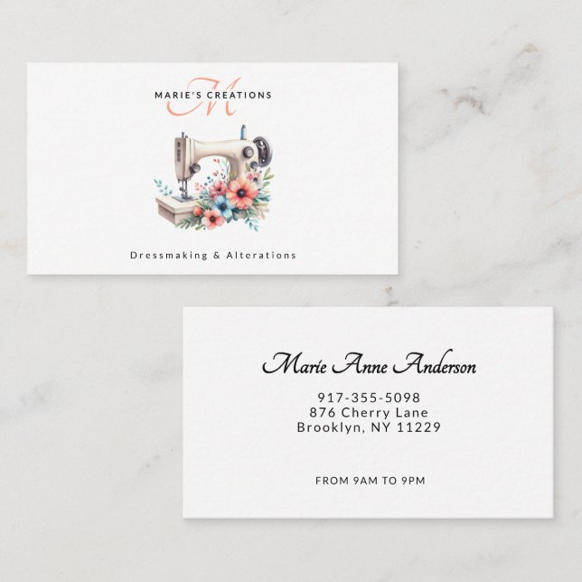 Carte De Visite Vintage Floral Sewing Machine Monogrammed (Devant / Derrière)