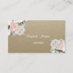 Carte De Visite Vintage, Kraft, Dentelle, Fleurs aquarelles