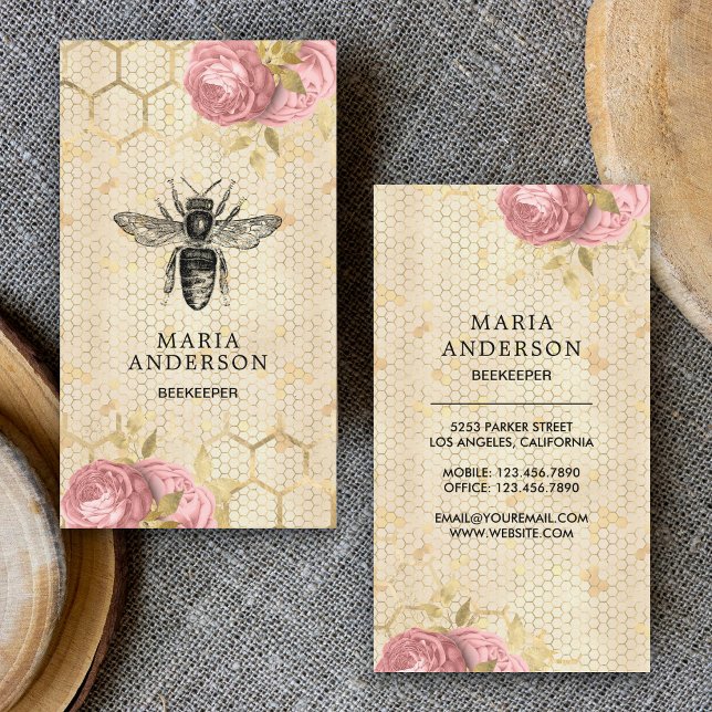 Carte De Visite Vintage Rustique Blush Rose Floral Black Honey Bee (Créateur téléchargé)