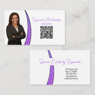 Carte De Visite Violet Argent Faux Paillettes Photo QR Professionn