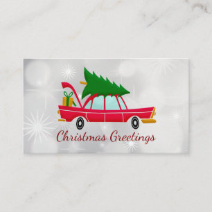 Carte De Visite Voiture rouge rétro portant un arbre de Noël