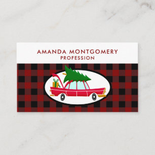 Carte De Visite Voiture rouge rétro portant un arbre de Noël