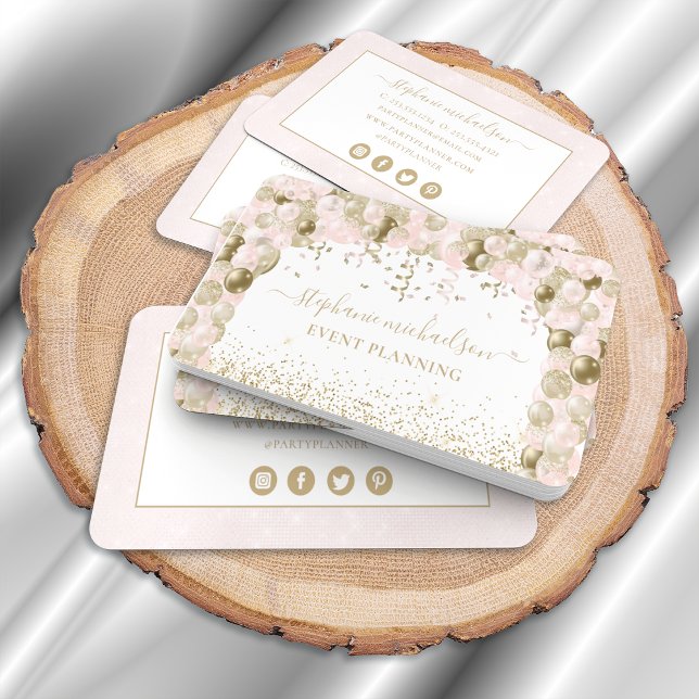 Carte De Visite Volet Parties scintillant or rose pâle du planific (Party Planner Blush Pink Gold Glitter Balloon Business Card)