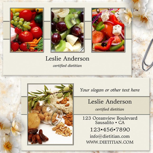 Carte De Visite Vos 4 Photos Diététiste ou nutritionniste Élégant (Health coach or dietitian/nutritionist business card showing your photos on an elegant cream design)
