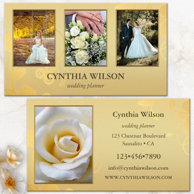 Carte De Visite Vos 4 Photos Elegant Gold Wedding planner (Wedding planner business card featuring 4 custom photos framed by an elegant floral gold design)