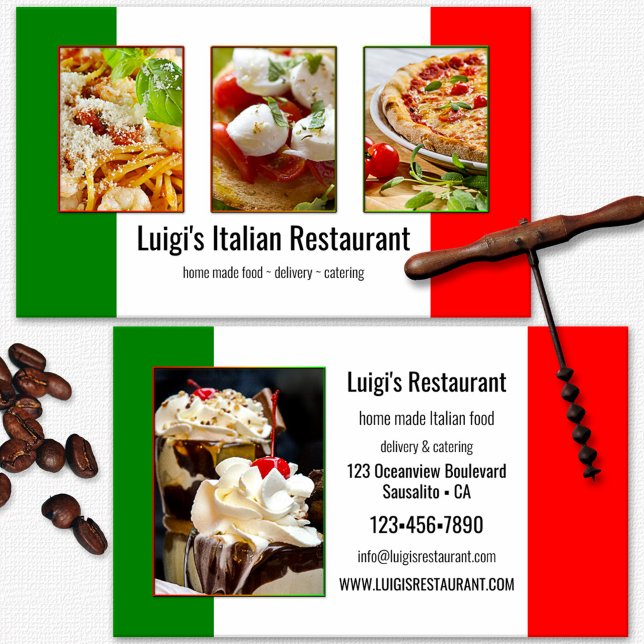 Carte De Visite Vos 4 Photos Restaurant Italien (Italian restaurant business card featuring your custom photos on the Italian flag)