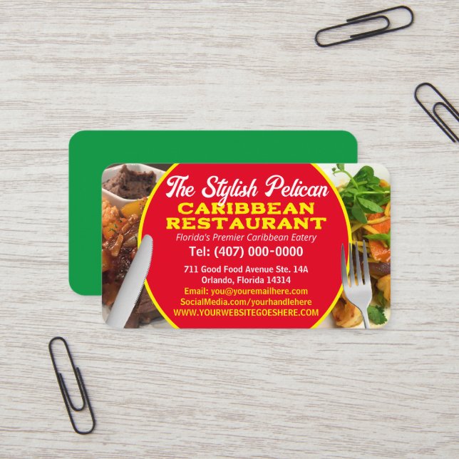 Carte De Visite Vos Photos Caribbean Restaurant Services de restau (Devant/Arrière en situation)