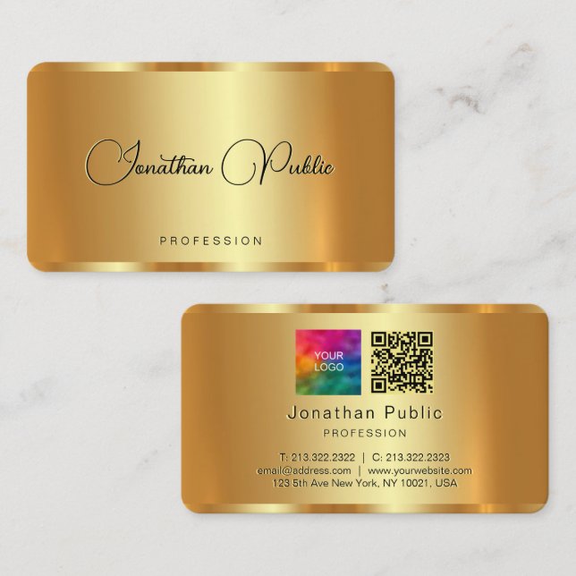 Carte De Visite Votre Logo Texte Personnalisé Code QR Élégant Or (Devant / Derrière)