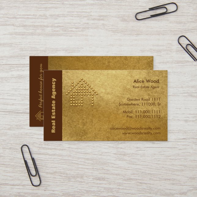 Carte De Visite Vraie agence immobilière | d'or (Devant/Arrière en situation)