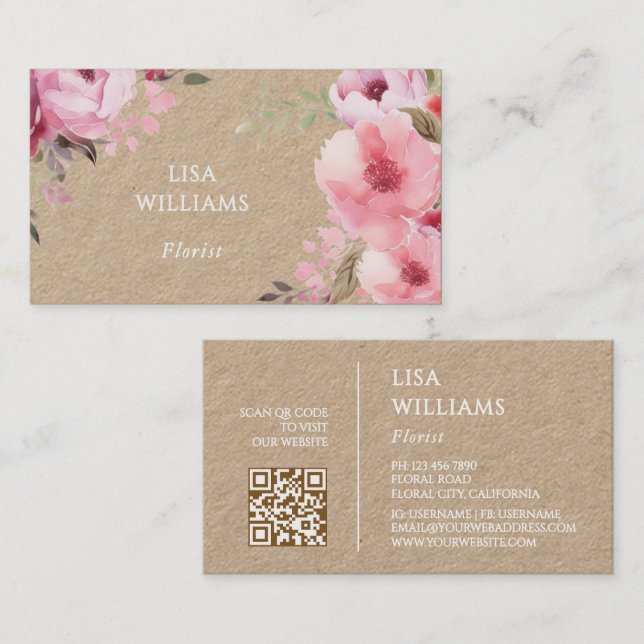 Carte De Visite Watercolor Pink Flowers Kraft (Devant / Derrière)