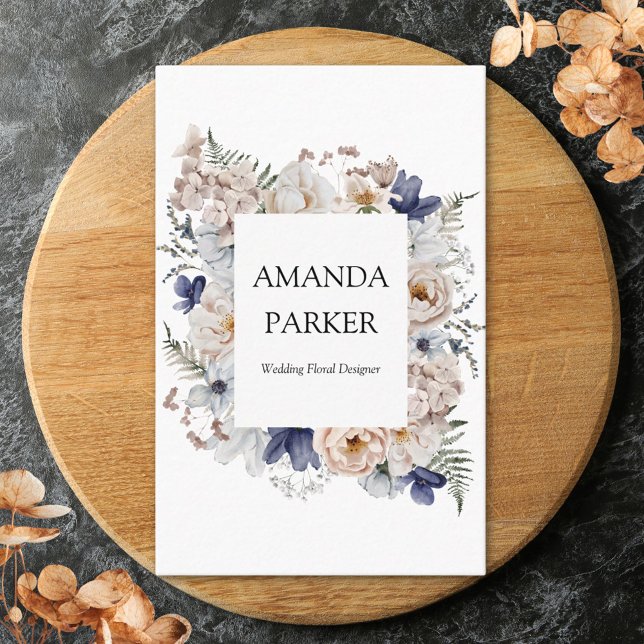 Carte De Visite Watercolor Pretty Beige Blue Flowers Floral (Close up)