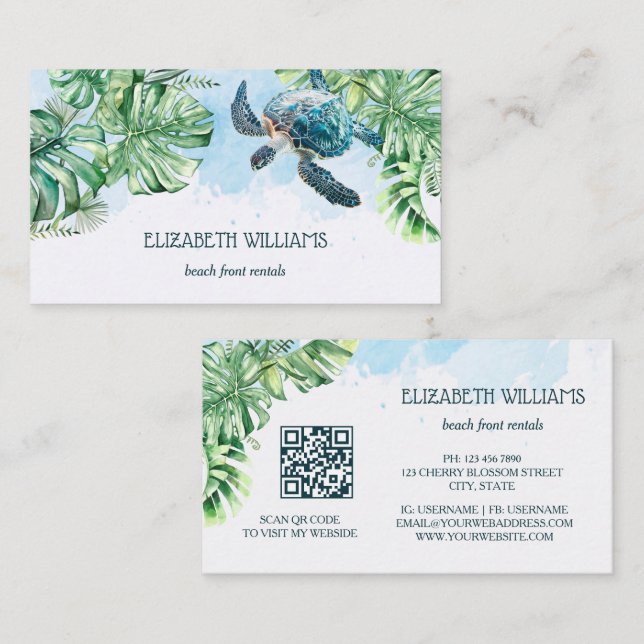 Carte De Visite  Watercolor Turtle Tropical Leaves (Devant / Derrière)