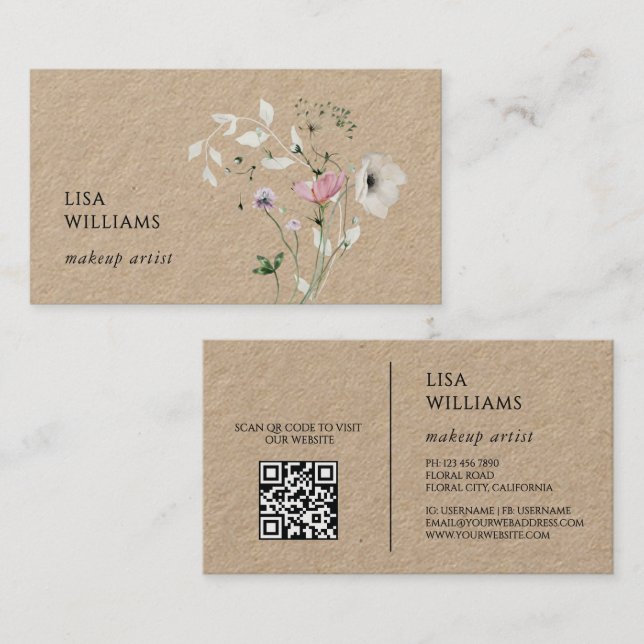 Carte De Visite Watercolor Wildflowers Kraft (Devant / Derrière)