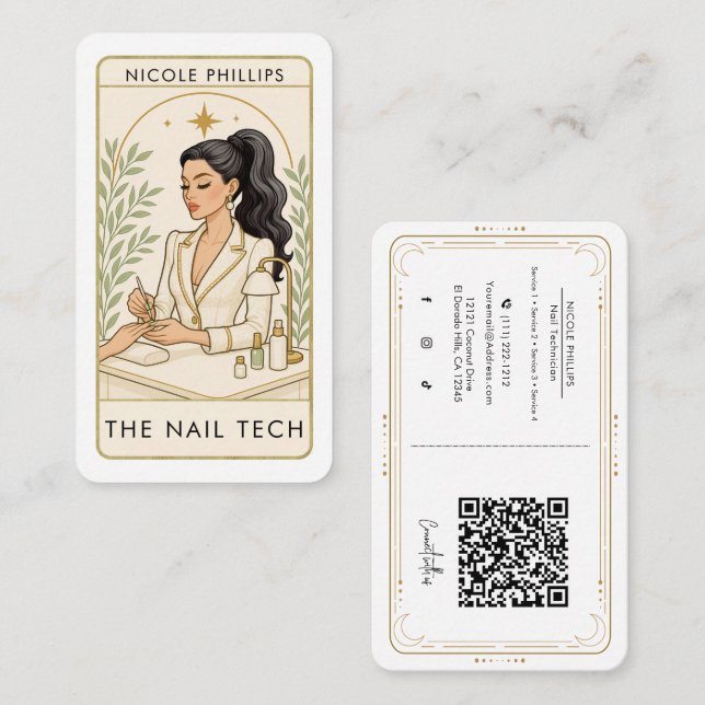 Carte De Visite Wavy Black Hair Nail Tech médias sociaux QR (Devant / Derrière)