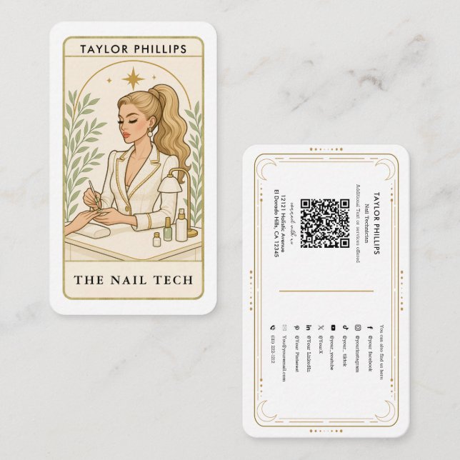 Carte De Visite Wavy Blonde Nail Tech Tarot médias sociaux QR (Devant / Derrière)