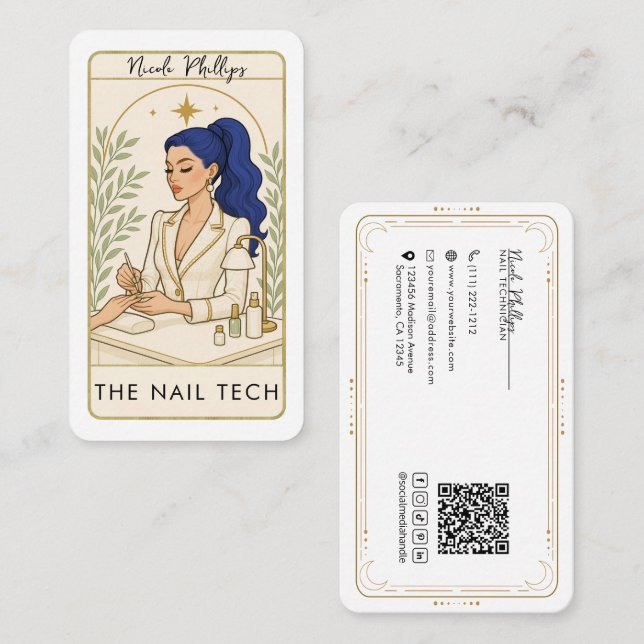 Carte De Visite Wavy Cosmic Blue Hair Nail Tech médias sociaux QR (Devant / Derrière)