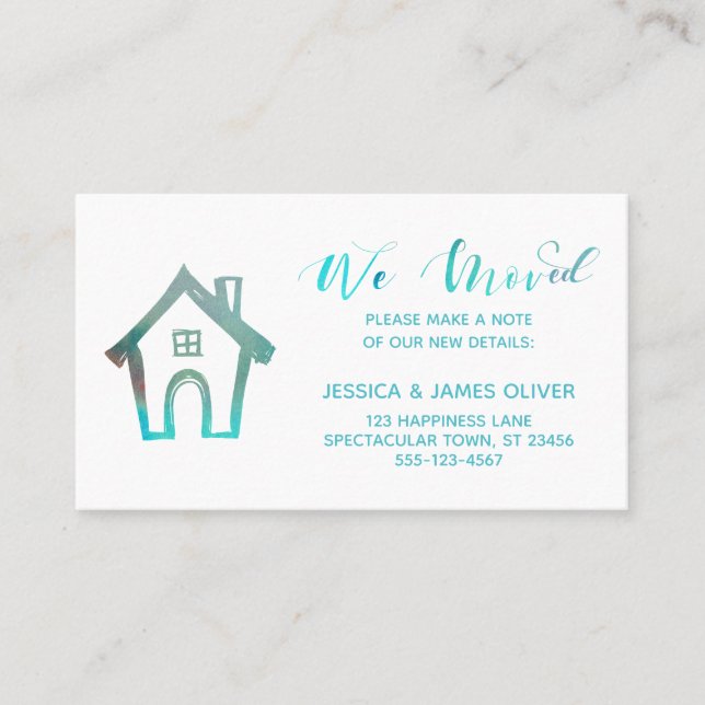 Carte De Visite "We Moved" avec aquarelle Turquoise de la maison t (Devant)