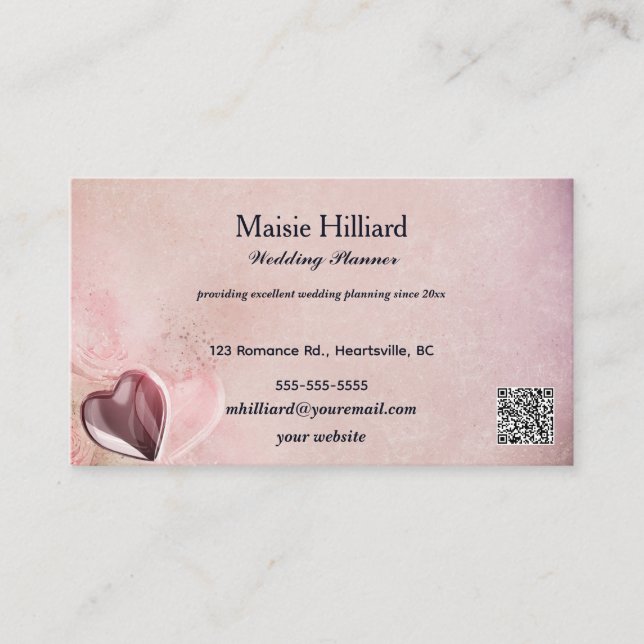 Carte De Visite Wedding planner d'Arrière - plan de coeur et rose  (Devant)
