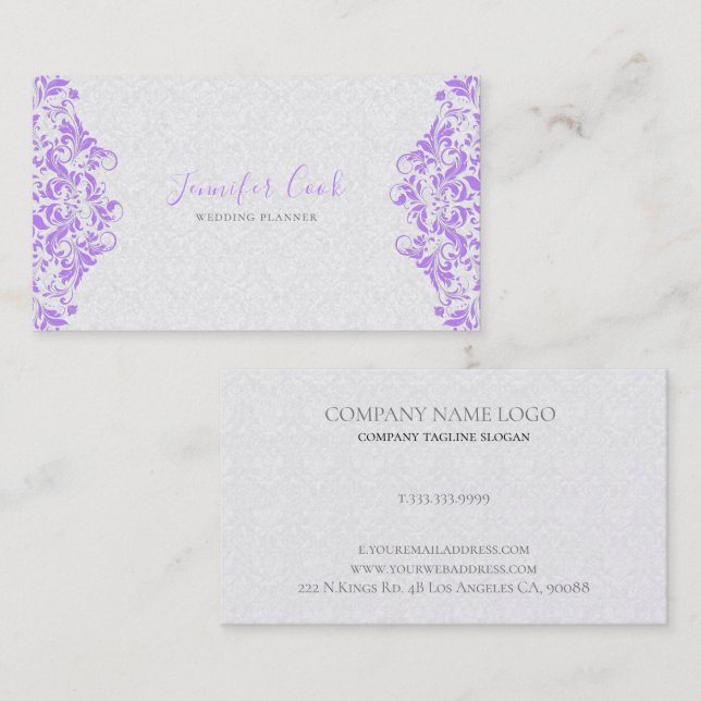 Carte De Visite Wedding planner de Damas florales violet et blanc (Devant / Derrière)