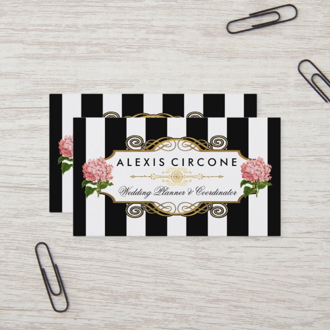 Carte De Visite Wedding planner élégant d'hortensia des rayures (Devant/Arrière en situation)