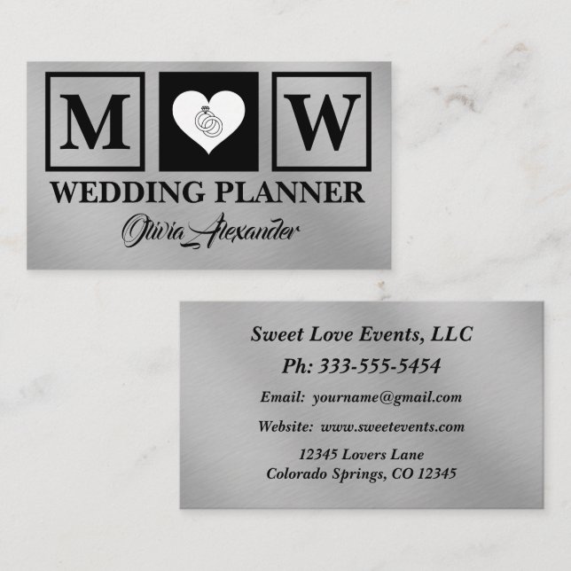 Carte de visite Wedding planner en argent noir sim (Devant / Derrière)