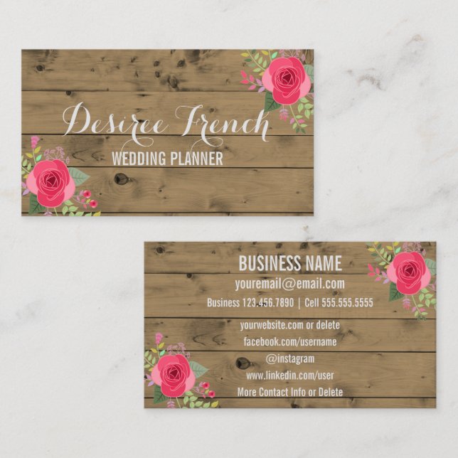 Carte De Visite Wedding planner floral en bois rustique social des (Devant / Derrière)