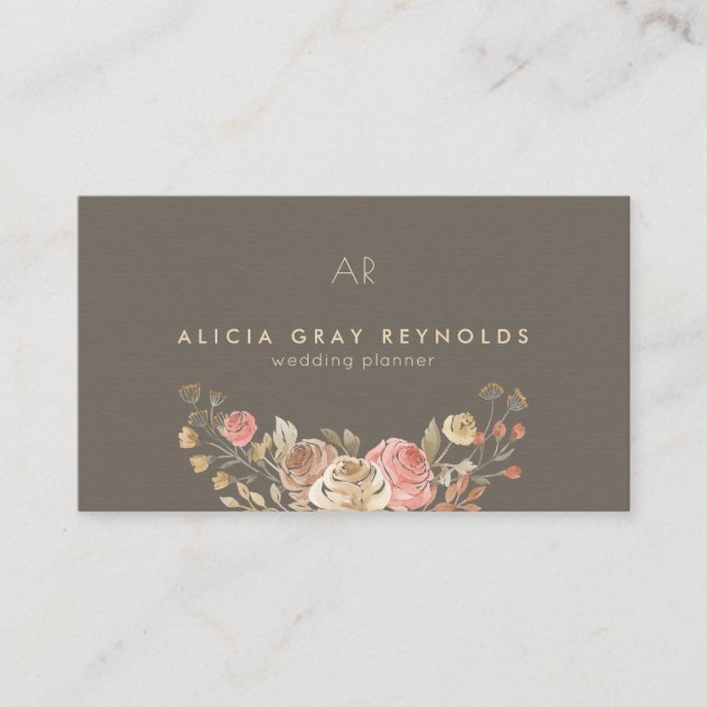 Carte De Visite Wedding planner Floral Rose d'or gris Monogramme (Devant)